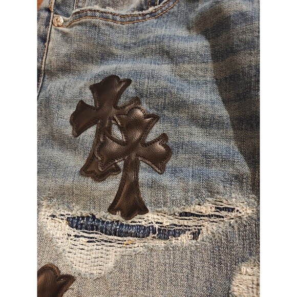 Chrome Hearts Blue Denim Jeans Pants Size 32x30 Black Leather Lamb Crosses - Picture 5 of 12
